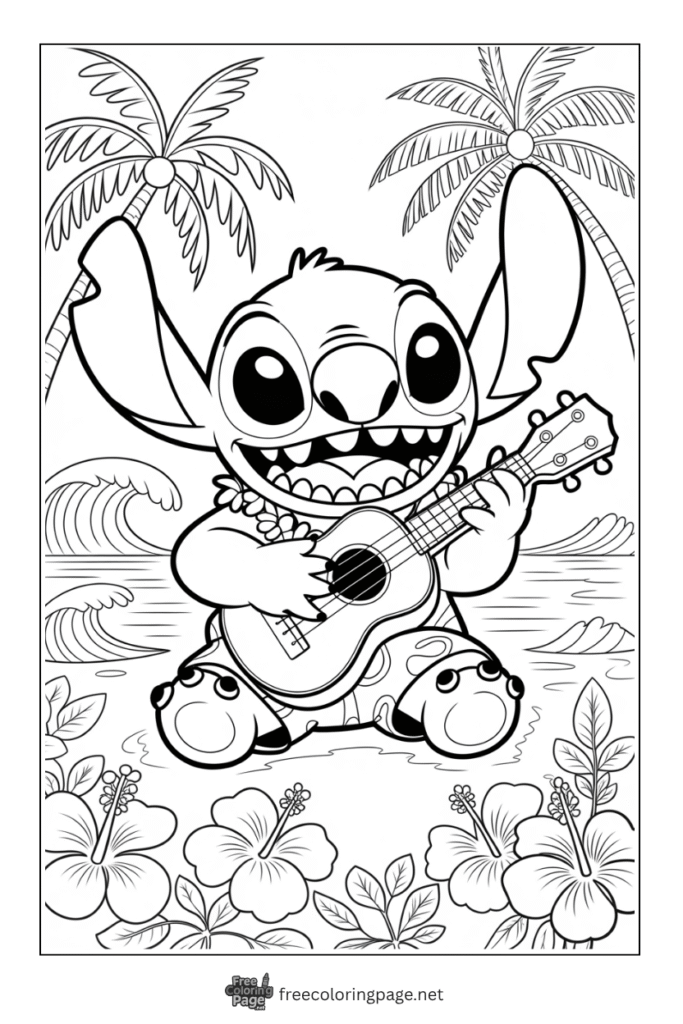 coloring page of stitch playing ukulele