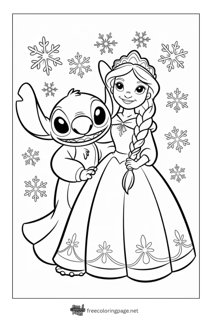 coloring page of stitch with snow princess