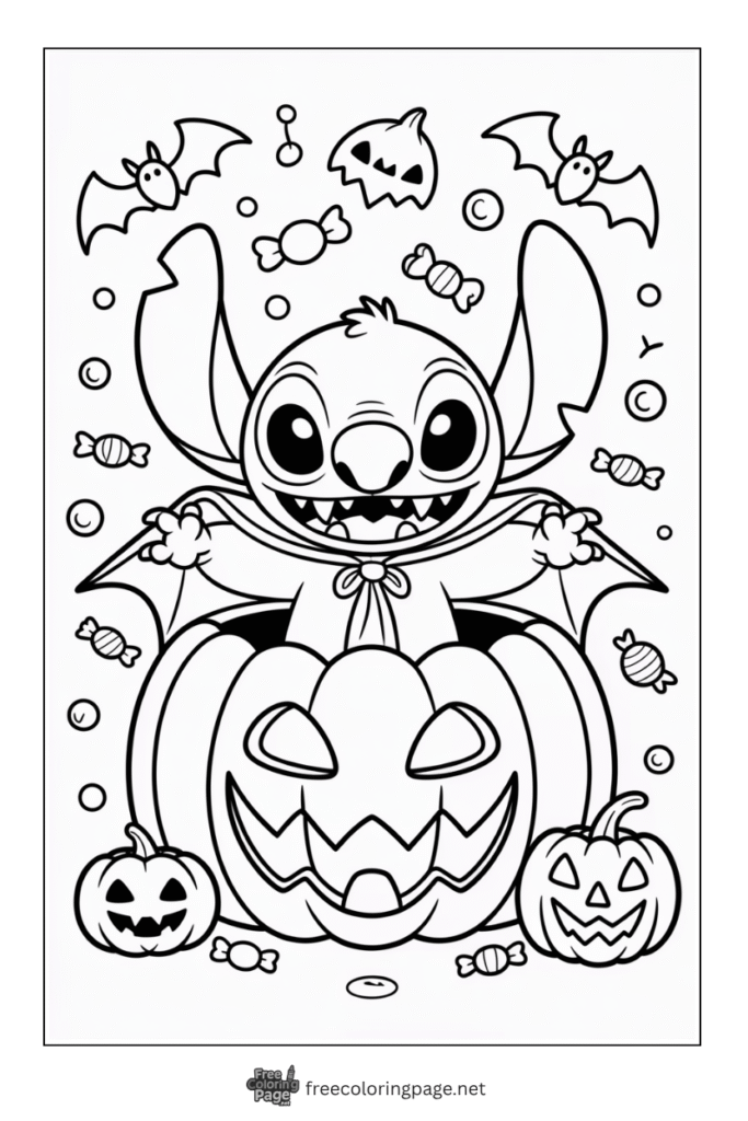 coloring page of stitch and halloween