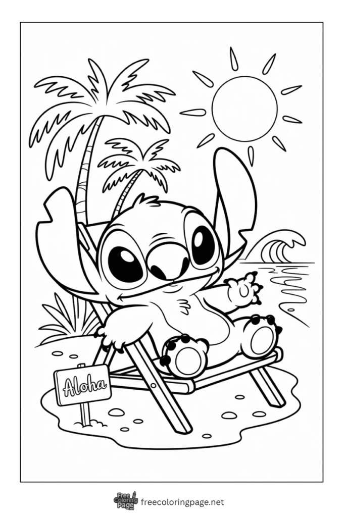coloring page of stitch summer beach