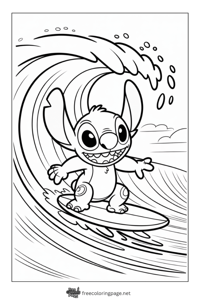 coloring page of stitch surfing the water