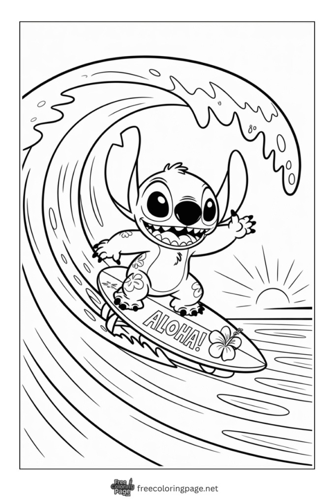 coloring page of stitch wave surfing