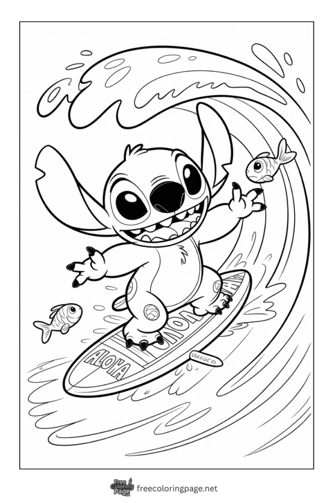 coloring page of stitch surfing with fish