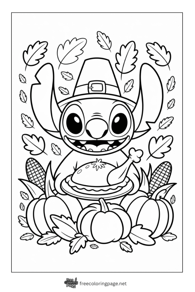 coloring page of stitch celebrating thanksgiving