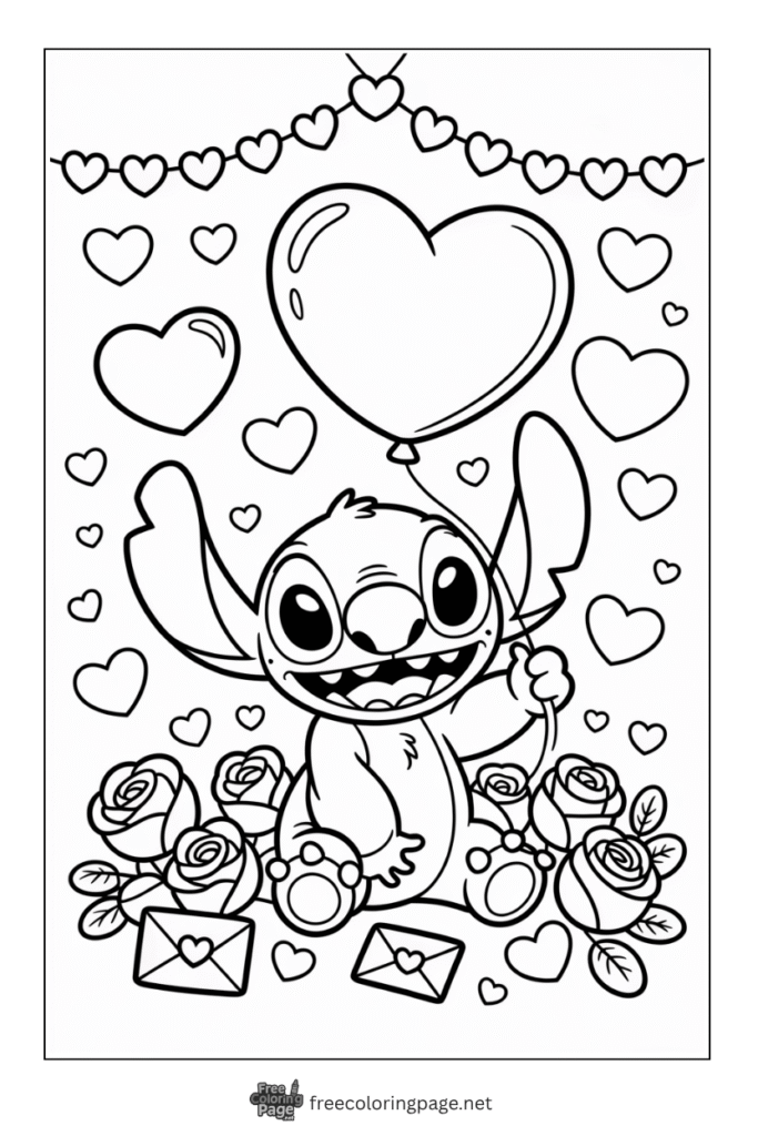 coloring page of stitch having valentine