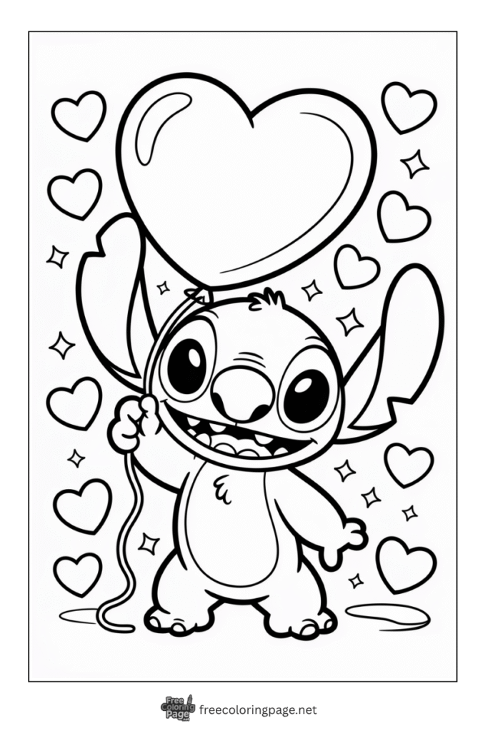 coloring page of stitch holding heart