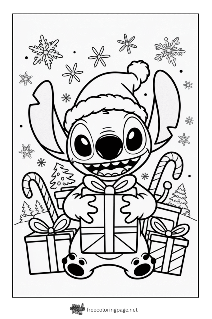 coloring page of stitch celebrating christmas