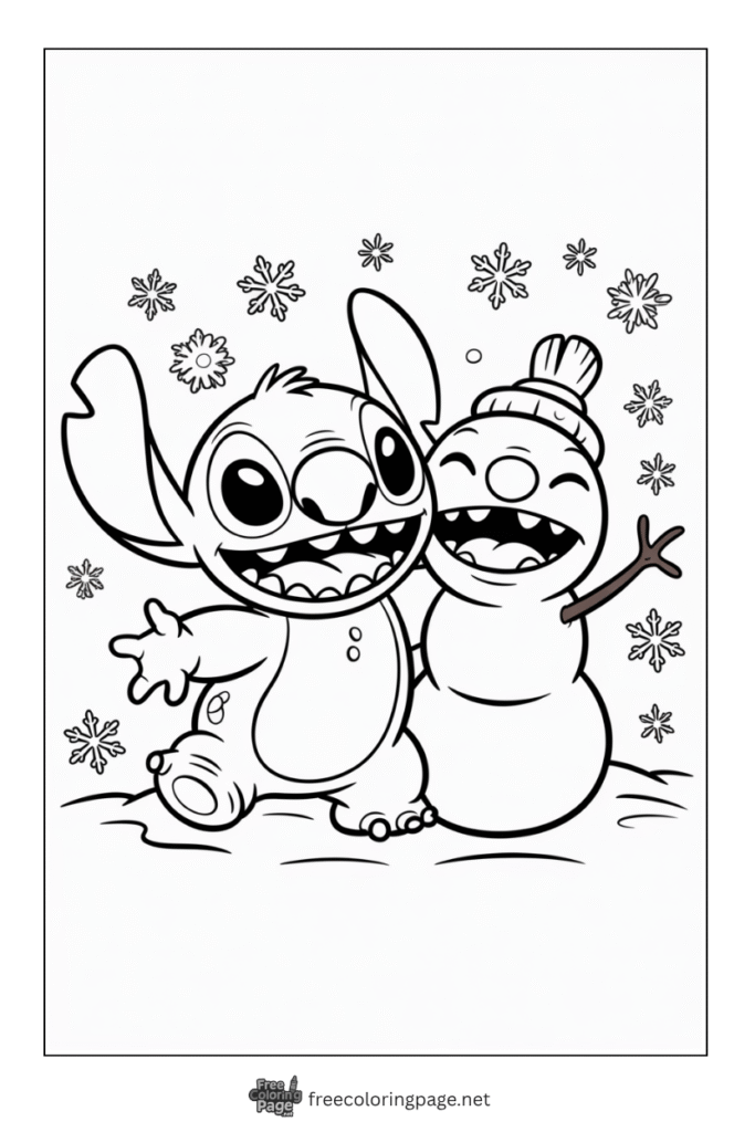 coloring page of stitch with snowman fun