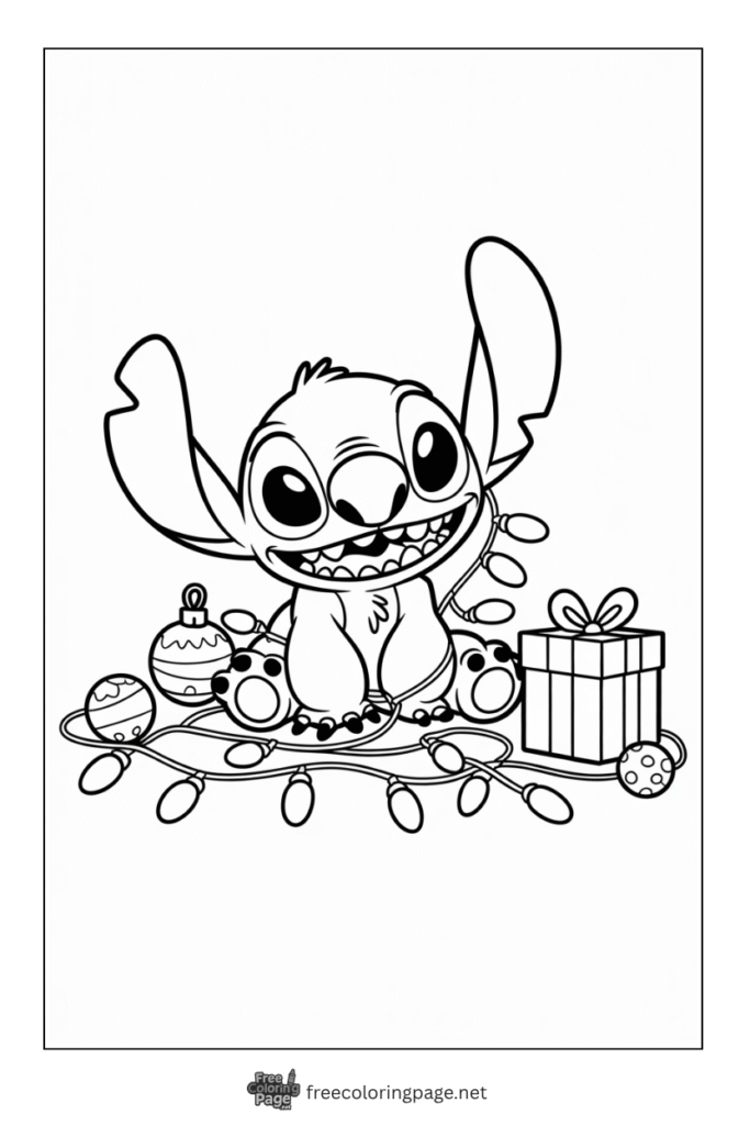 coloring page of stitch tangled in lights