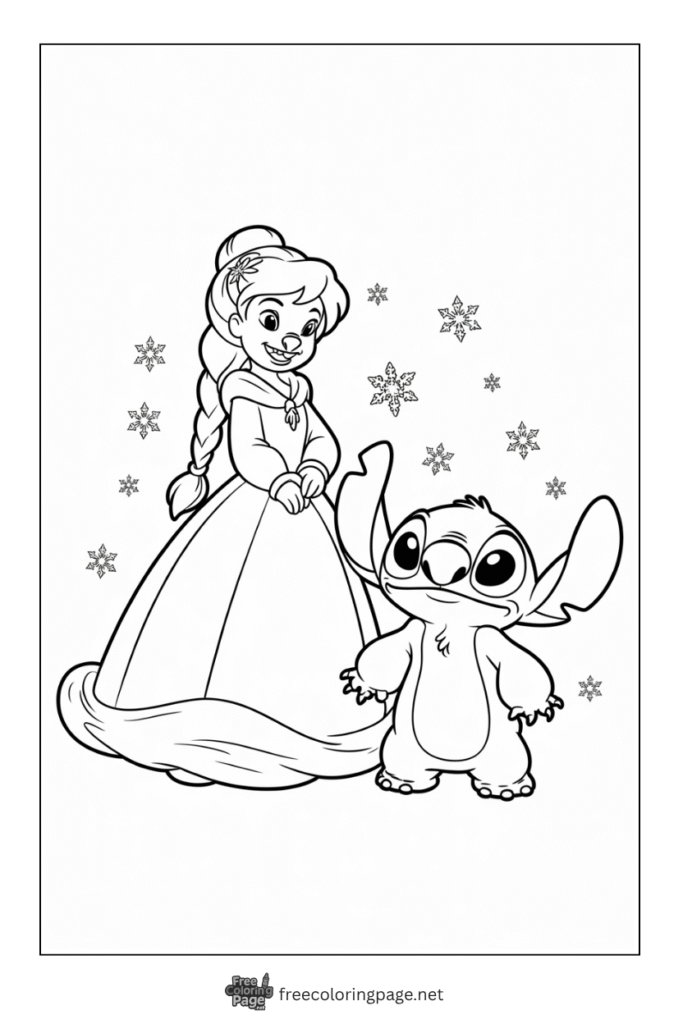 coloring page of stitch with disney princess