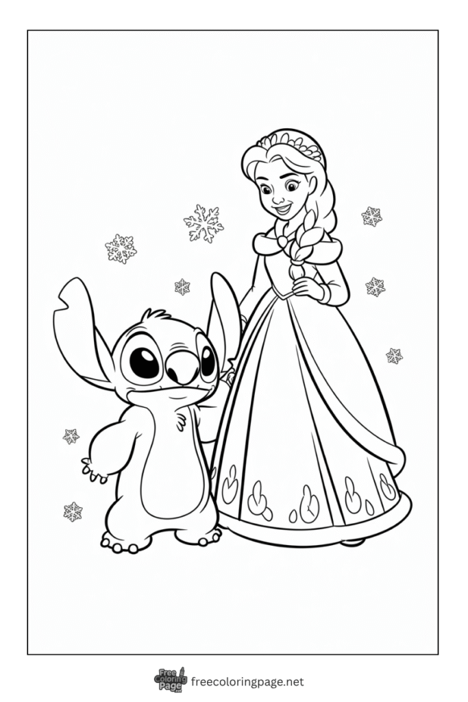 coloring page of stitch with princess