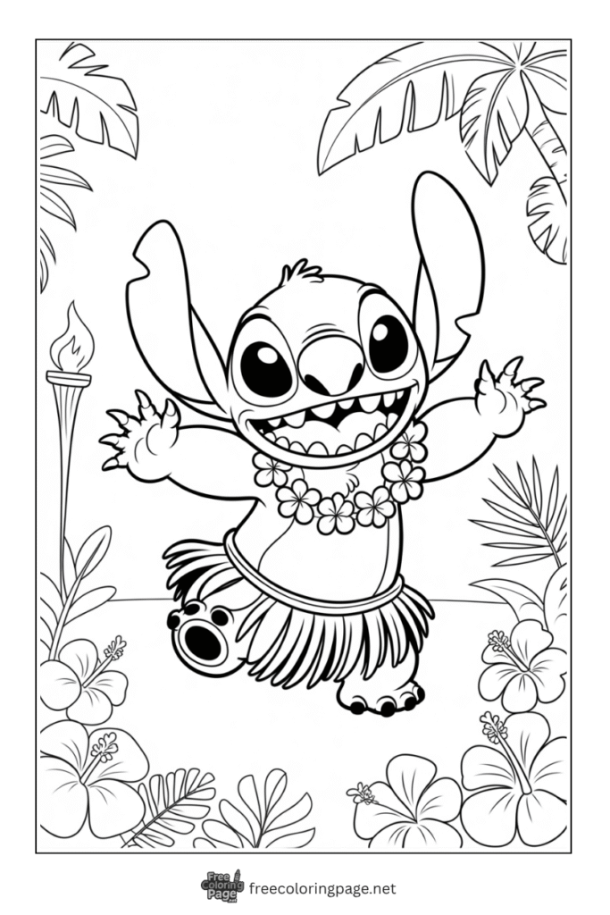 coloring page of stitch having aloha fun  