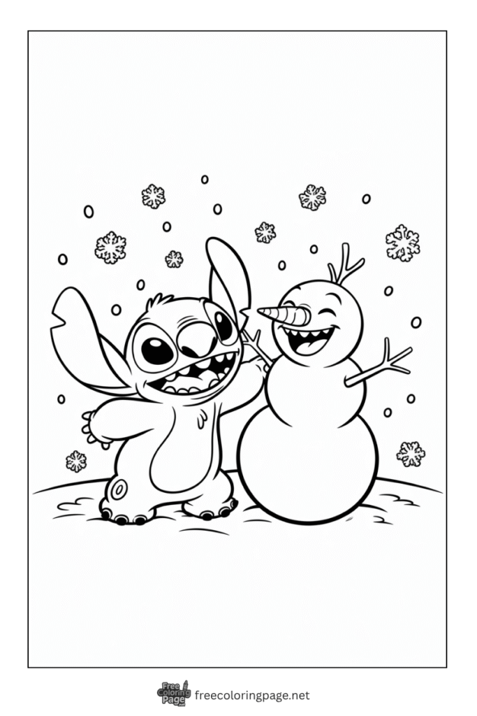 coloring page of stitch with winter snowman