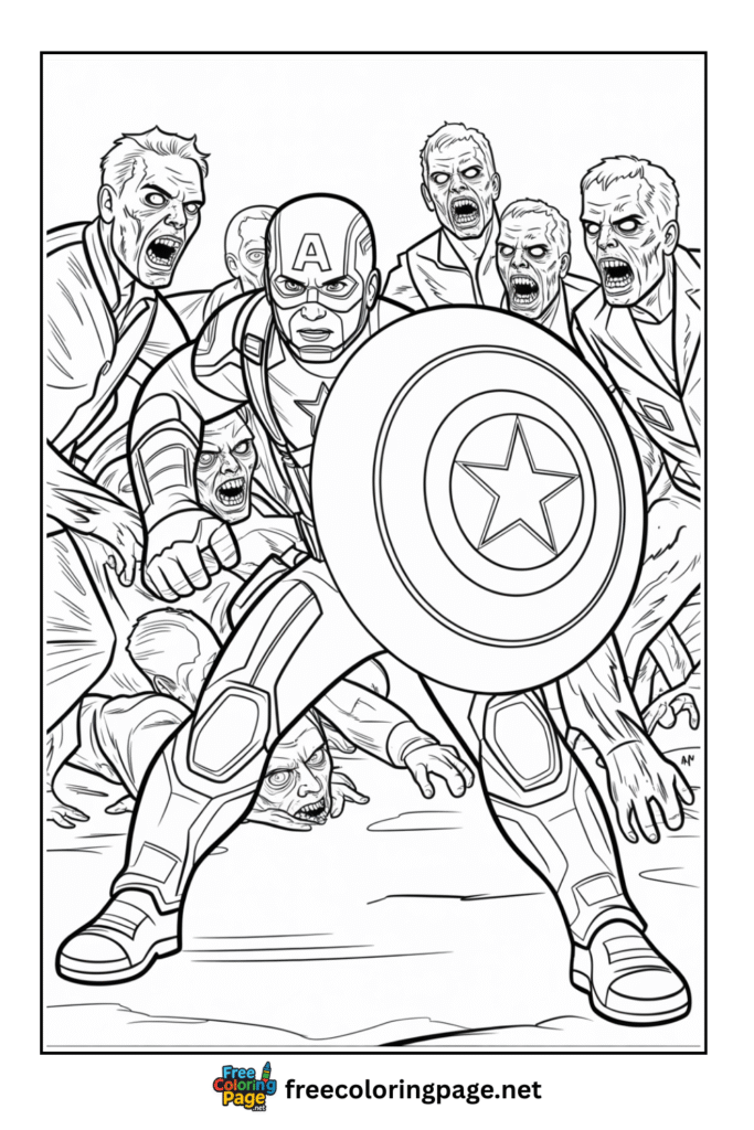 coloring page of captain america fighting with zobmies