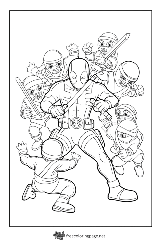 coloring page deadpool fighting with ninjas
