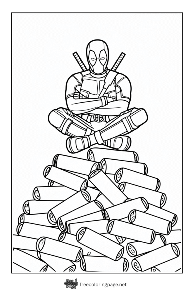 coloring page deadpool sitting on pile of chimichanga