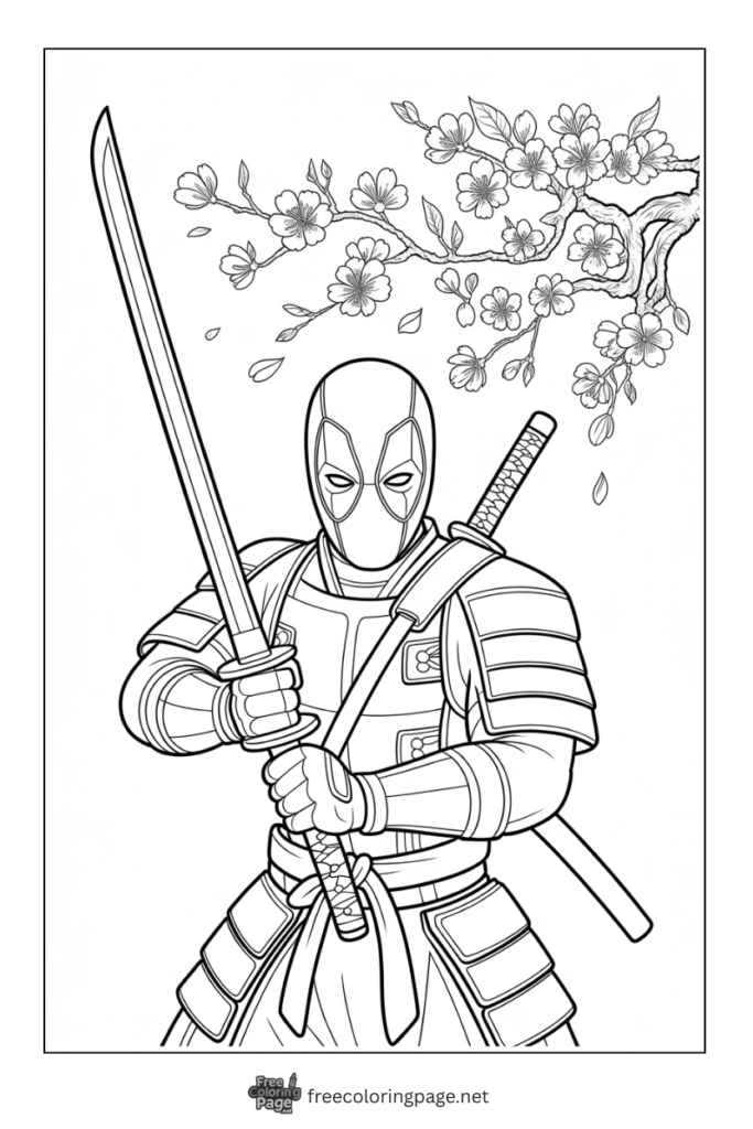 coloring page deadpool as samurai