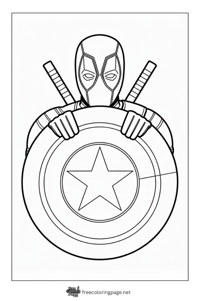 coloring page deadpool holding captain america shield