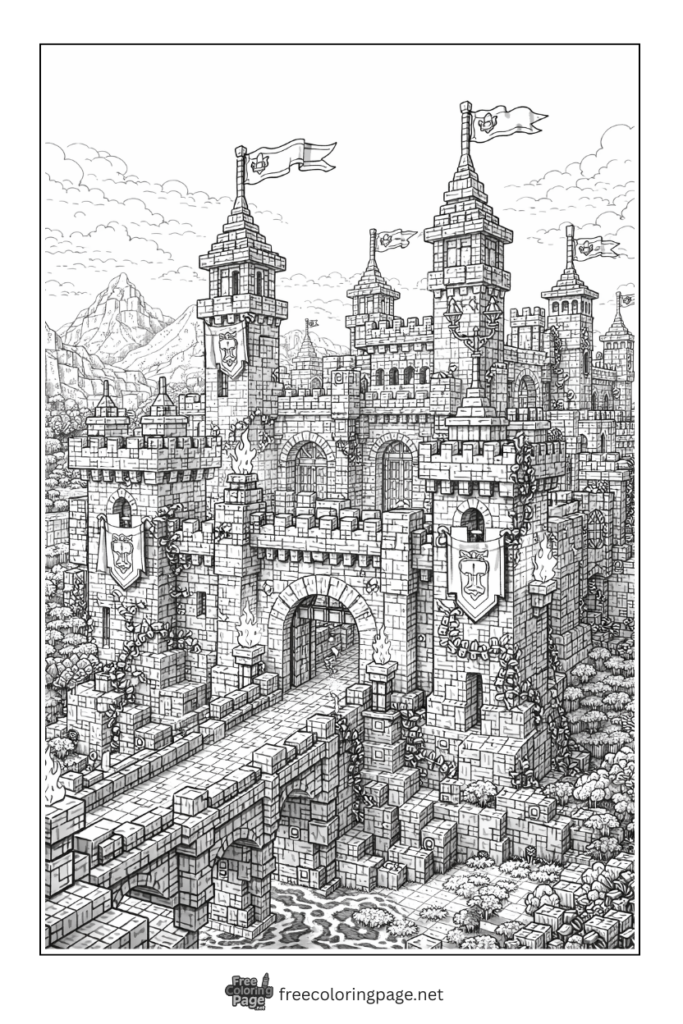 coloring page of detailed minecraft medival castle 