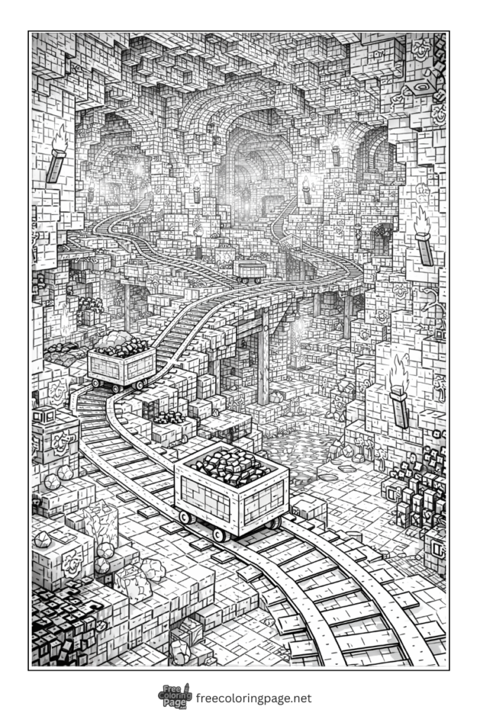coloring page of detailed minecraft underground mining system