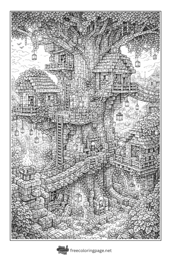 coloring page of detailed minecraft treehouse village