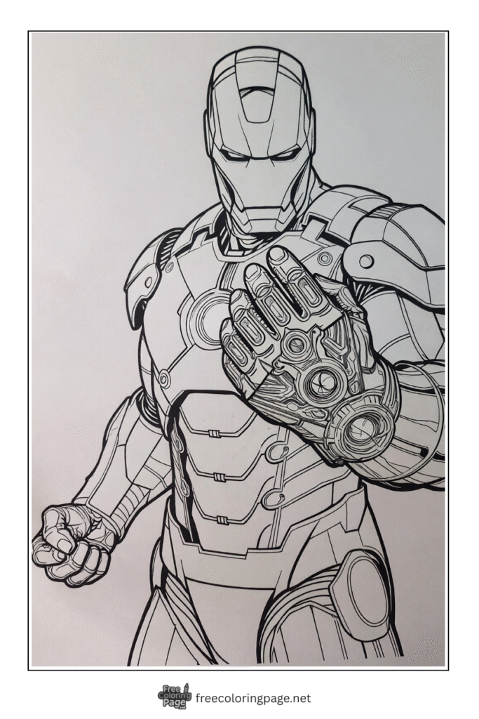 coloring page of iron man with gauntlet in hands