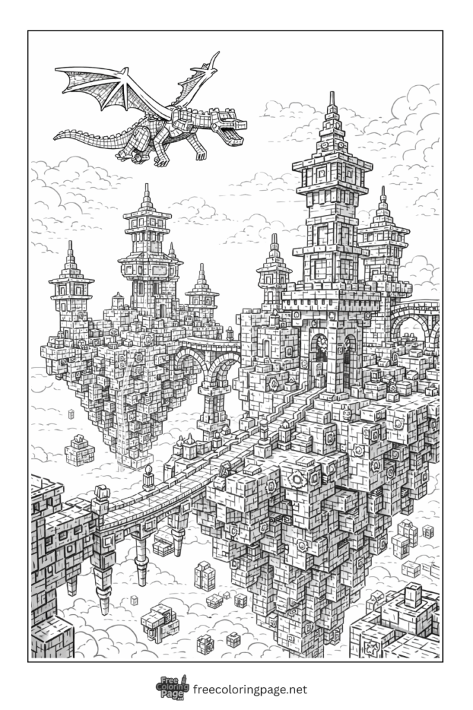coloring page of detailed minecraft end city dcene dragon flying away