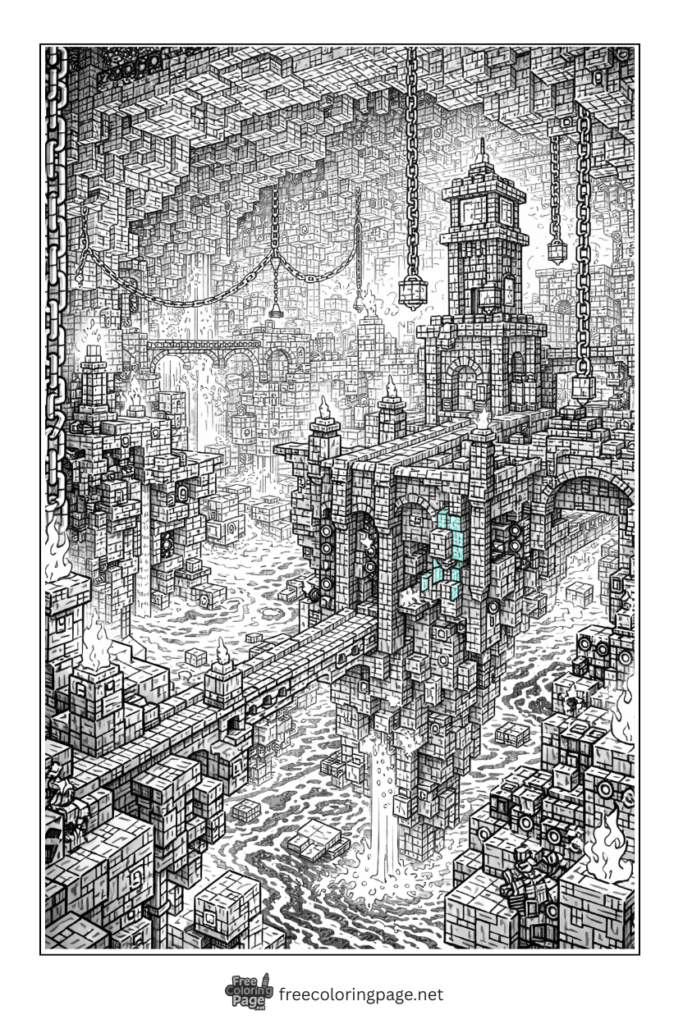 coloring page of detailed minecraft nether fortress
