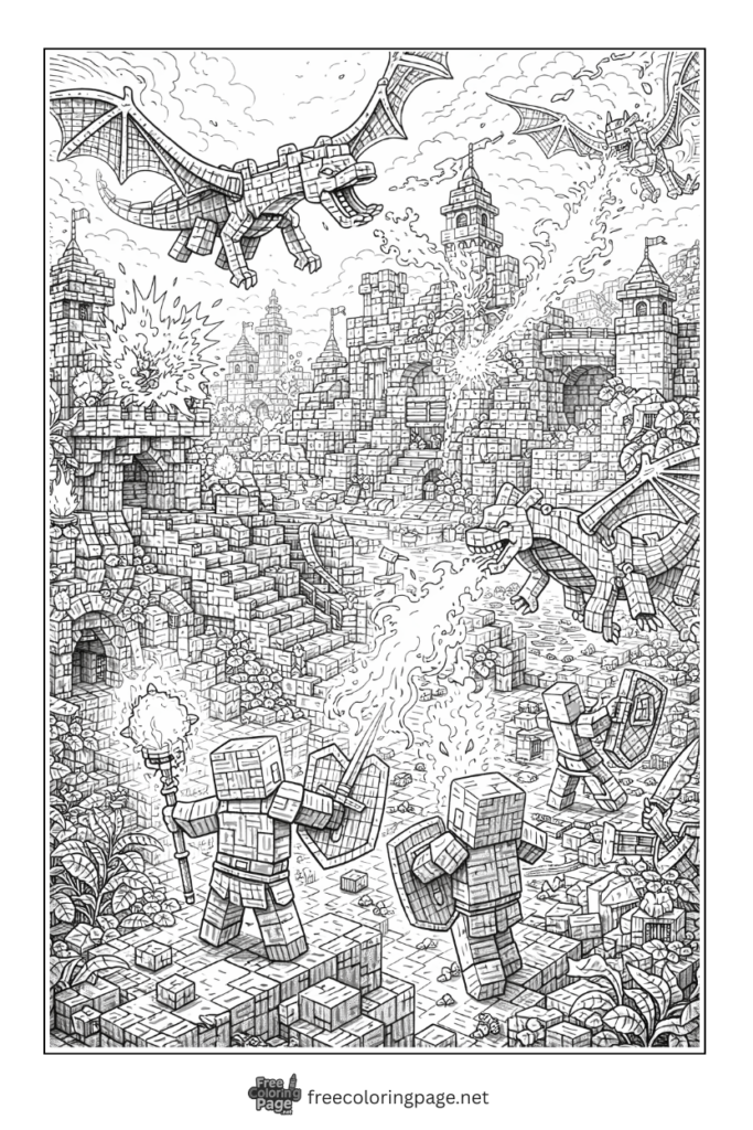 coloring page of detailed minecraft battle dcene with dragons