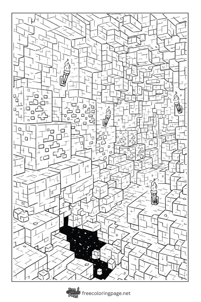 coloring page of detailed minecraft cave full of ore