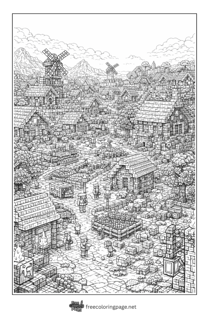 coloring page of detailed minecraft fantasy village for adults