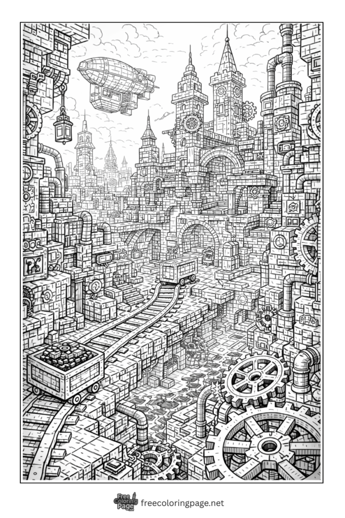 coloring page of detailed minecraft steampunk city