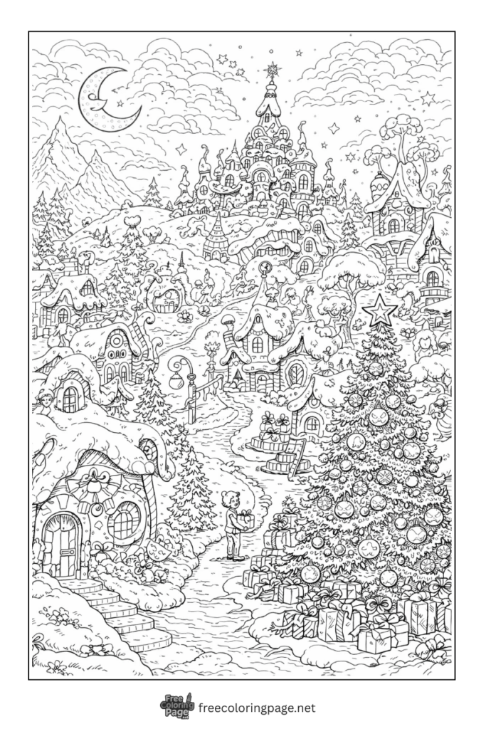 coloring page of whoville village from the grinch 