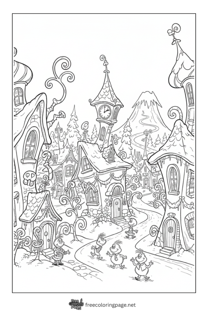 coloring page of grinch whoville village of christmas