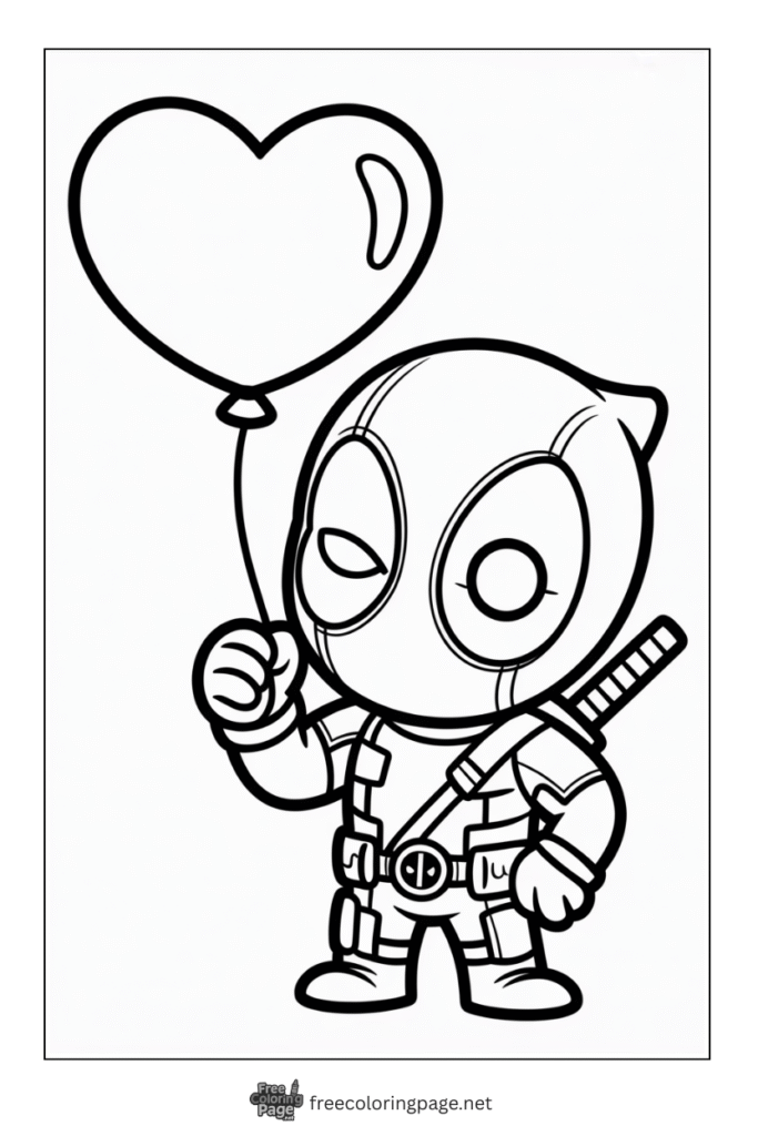 coloring page of baby deadpool holding balloon