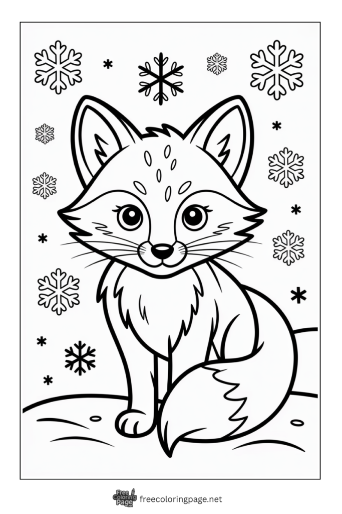 coloring page of fox cub sitting in snowfall