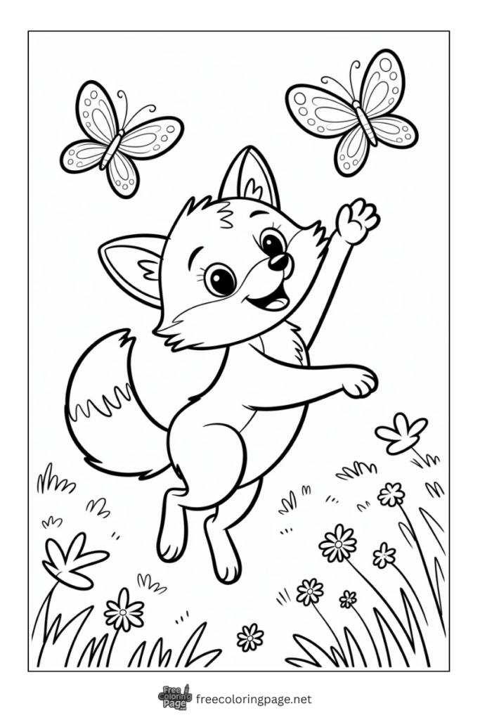 coloring page of fox cub playing with butterflies