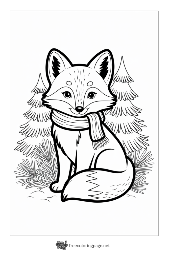 coloring page of baby fox wearing scarf in winter