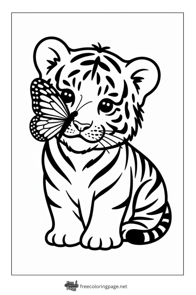 Coloring Pages baby tiger curiously seeing butterfly