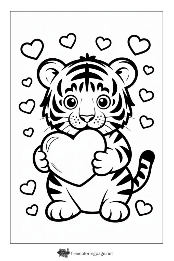 Coloring Pages of baby ttiger holding heart
