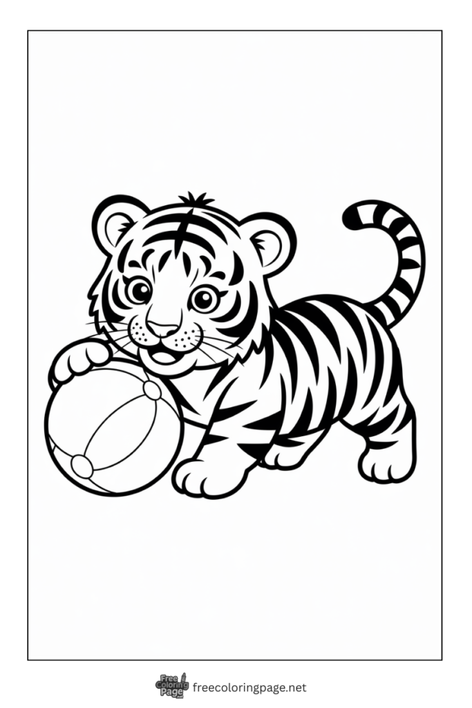 Coloring Page of Tiger cub playing with ball