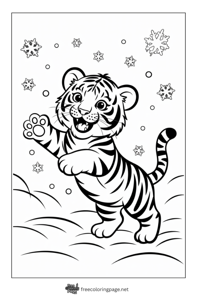Coloring Pages of tiger cub playing with snow flakes in winter
