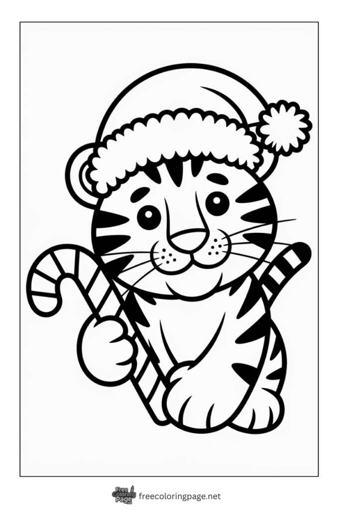 Coloring Page of baby Tiger wearing santa hat