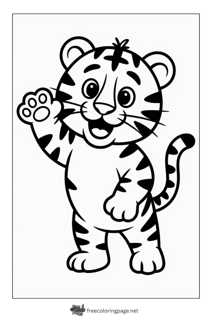 Coloring Page of baby Tiger waving hand with smile