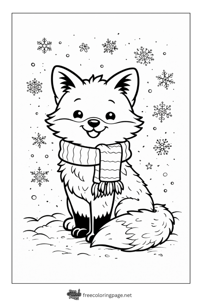 coloring page of fox in snow flakes 