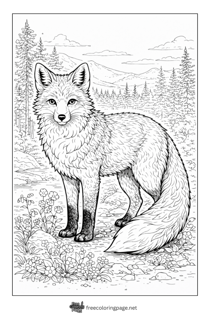 coloring page of red fox standing in jungle 