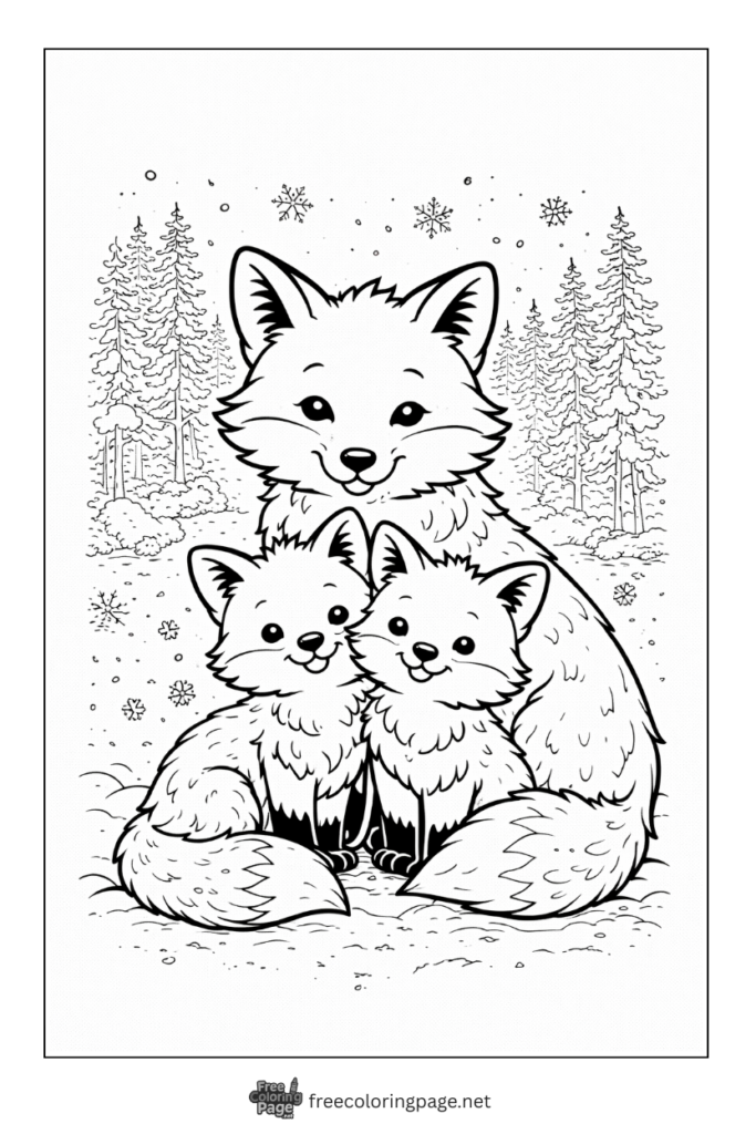 coloring page of fox family in winter