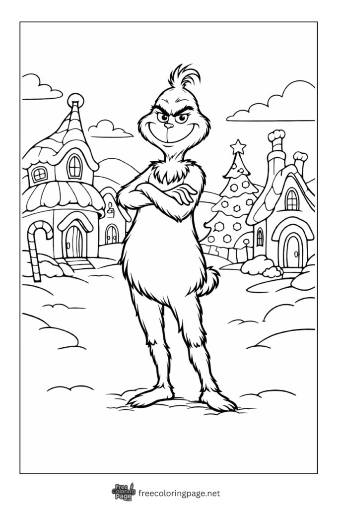 coloring page of grinch standing in whoville village