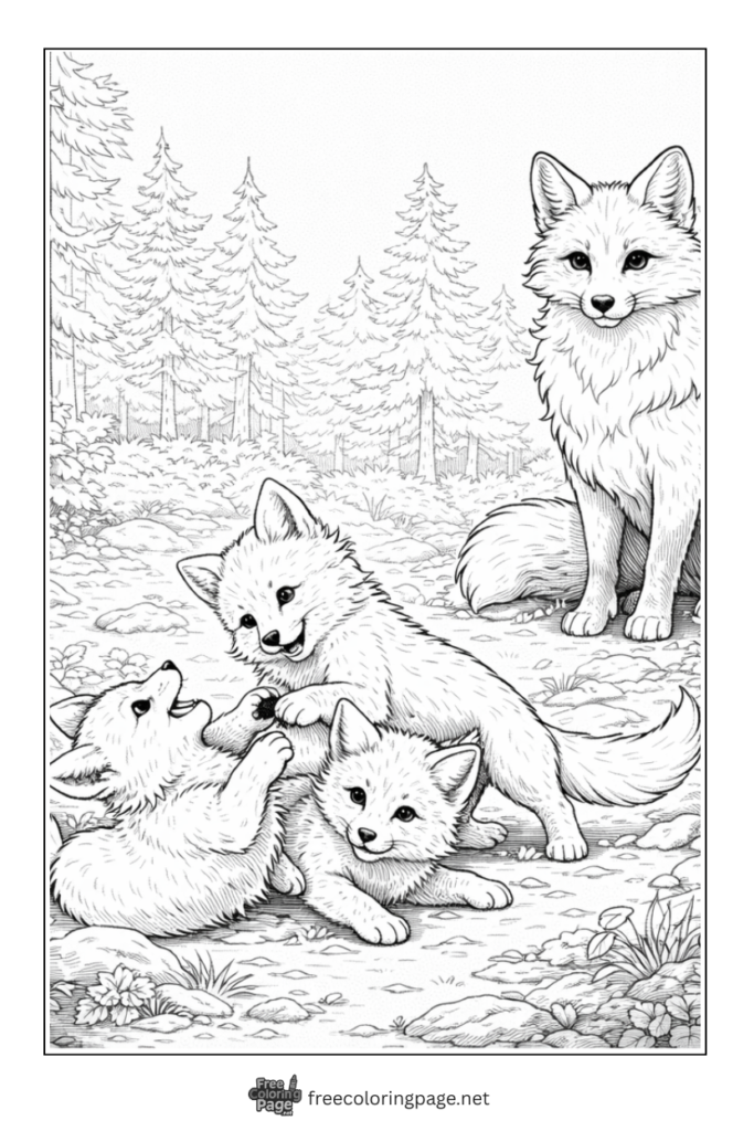 coloring page of fox seeing her cubs playing