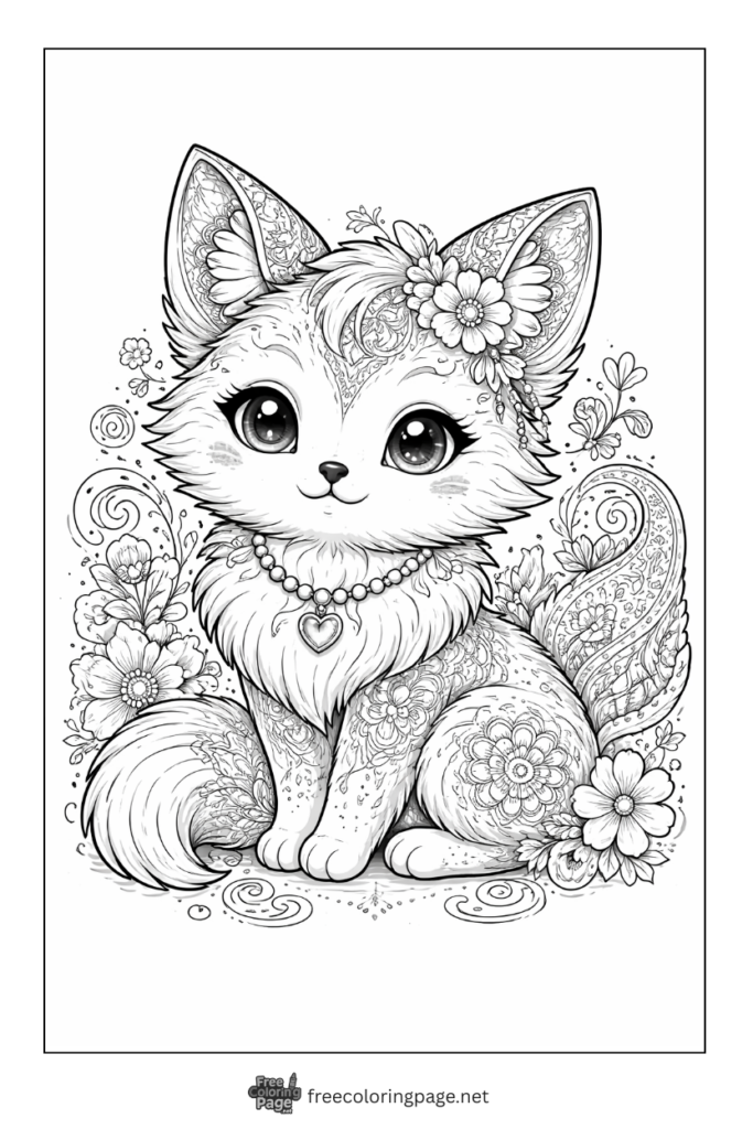 coloring page of cute baby fox mandala 
